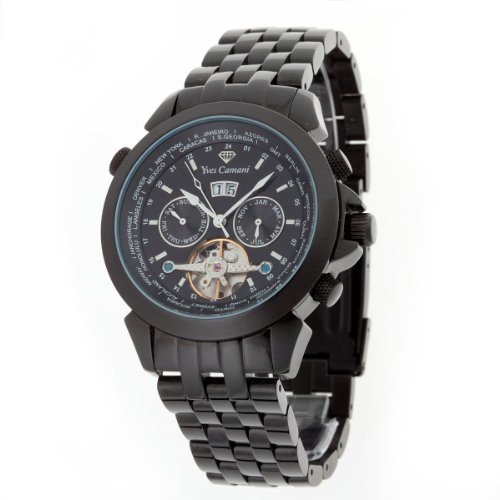 Yves Camani Herren-Armbanduhr XL Worldtimer Schwarz Analog Automatik Edelstahl beschichtet YC1029-M