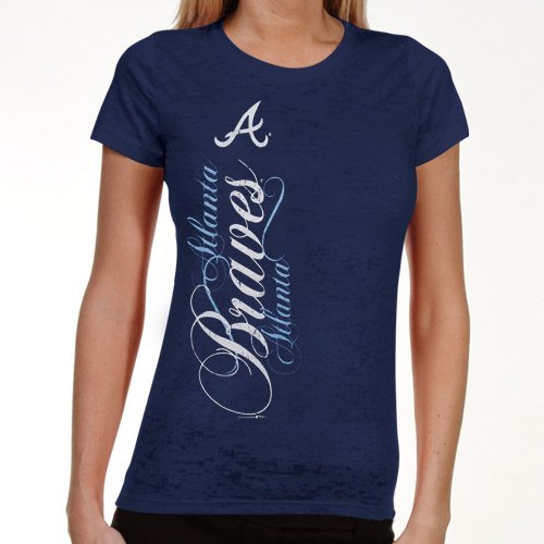Atlanta Braves Ladies Navy Blue Basic Sheer Burnout Premium Crew T-shirt (Medium)