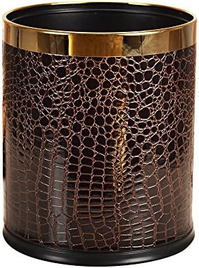 Creative 2 Layers Round Pu Leather Trash Can with gold silver ring Metal Waste Bin Garbage Container Stainless Steel Iron Structure Dustbin case for Home Office (coffee)