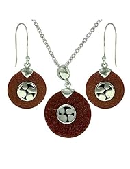 Sterling Silver Flat Round Gold Sand Stone Oxidized Center Earrings and Pendant Set 16 inches chain
