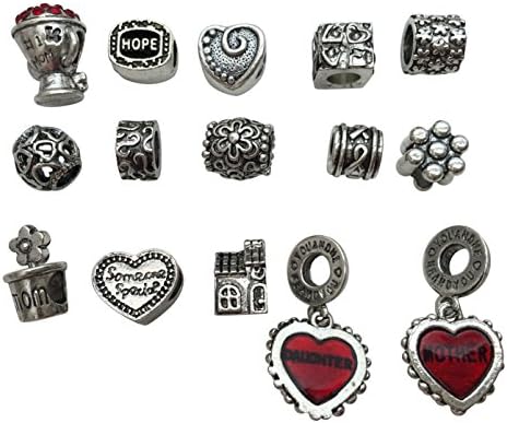 Antique Silver Starter European Charm Bracelet Beads Fits Pandora Jewelry Rhinestone - Daughter &amp; Mom with Red Hearts