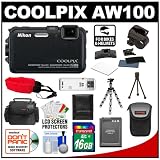 Nikon Coolpix AW100 Shock & Waterproof GPS Digital Camera (Black) with 16GB Card + Handlebar & Helmet Mount + Battery + Case + Floating Strap + Tripod + Kit