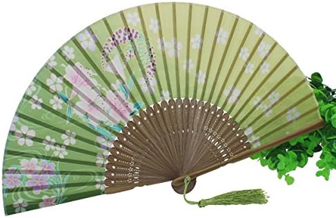 Japanese Design Silk Handheld Folding, Green With Fine Flowers HF79