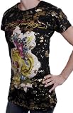 ED HARDY Womens T-Shirt Tattoo Metallic Paint Splatter Butterfly Skull Black/Gold