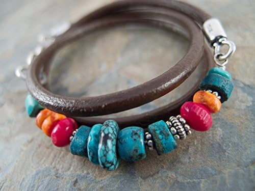 Radiant Jewel StudioLeather Wrap Bracelet For Women Southwestern Style Turquoise Coral and Spiny Oyster