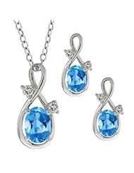 1.98 Ct Oval Swiss Blue Topaz Gemstone 14k White Gold Pendant Earrings Set
