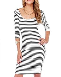 Round Neck 3/4 Sleeves Sheath Knee Length Backless Striped Print Polyester  Dress