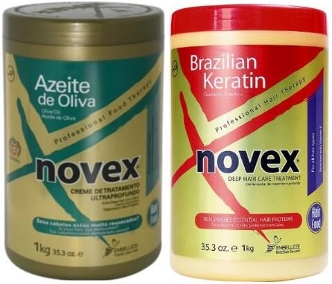 Embelleze Novex KILOGRAM Deep Hair Care Treatment Cream Double Set (Olive Oil 1kg Hair Food, Brazilian Keratin 1kg Hair Food) plus 1 Free of Apple EYE Pencil Color: Leaf Green