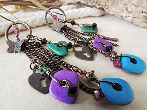 Butterfly Heart Key Charm Dangle Ceramic Earrings with Mykonos Greek beads, Swarovski Crystals, Vintaj Brass