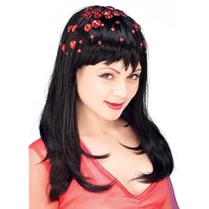 Black Bejeweled Wig with Ruby Red Gemstones - Adult Std.