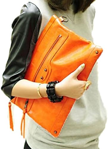 Donalworld Women Vontage Rivet Envelope Bag Motorcycle Day Clutch Faux Leather Shoulder Handbags Orange