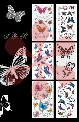 6 Packs Butterflies Temporary Tattoo Flash with Glitter, 6 Mix Packs Butterfly Temporary Tattoo Sticker Waterproof Removable