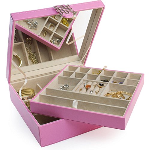 Jewelry Box - 28 Section Classic Jewelry Organizer with Modern Buckle Closure, Large Mirror & 2 Trays for Women Teens and Girls - Holder for Earring Ring Necklace Bracelet & Watch - PU Leather - Pink