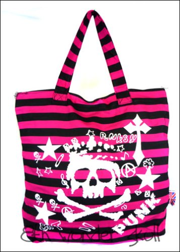 Click here to buy Skull: Black & Pink Stripe Shoulder Tote bag *PUNK+ Free Necklace.