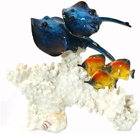 Amy and Addy Marine Life Decorative Art Resin Statue - BLUE STINGRAY AND BUTTERFLY FISH WITH WHITE CORAL Sculpture