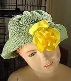 Ht24, Hand Crocheted Lime Green Rayon Cotton Gimp Floppy Hat with One Yellow Rose for Children and Teens