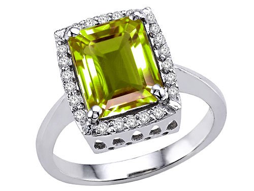 3.34 cttw Genuine Large Emerald Cut Peridot and Diamond Ring. - 14kt White or Yellow Gold