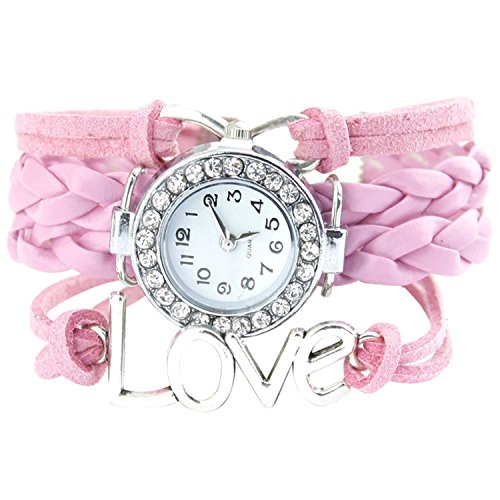Fahion Antique Silver Infinity Love Charm Bracelet Bangle Watch Multi-layer Leather Crystal Watch Pink