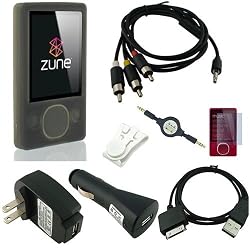 Microsoft Zune 80GB / 120GB Silicone Skin (SMOKE) w/ AV Audio Visual / Video Cable, USB 2in1 Sync and Charging Cable along with universal USB Car and Wall / Travel Chargers, Screen Guard / Protector and a Auxiliary 3.5mm to 3.5mm MP3 Jack Cable