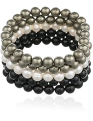 8mm Freshwater Cultured White Pearls, Pyrite and Black Agate Set of 5 Stretch Bracelets (441.60 cttw), 7.5"