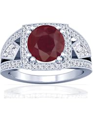 18K White Gold Round Cut Ruby Ring With Sidestones