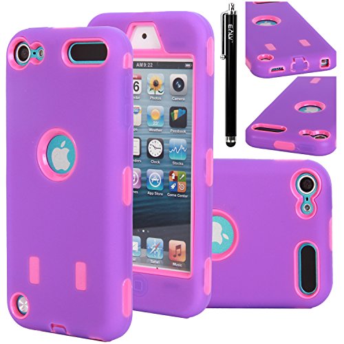 iPod Touch 5 Case, E LV iPod Touch 5 Case - Hard and Soft Hybrid Armor Defender Sports Combo Case for Apple iPod Touch 5 iTouch 5th Generation with 1 Screen Protector, 1 Black Stylus, 1 Water Resistant Bag and 1 E LV Microfiber Digital Cleaner (PURPLE / HOT PINK)