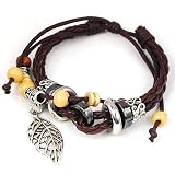 Leaf Pendant Pandora Beads Leather Bracelet Adjustable Wirstband