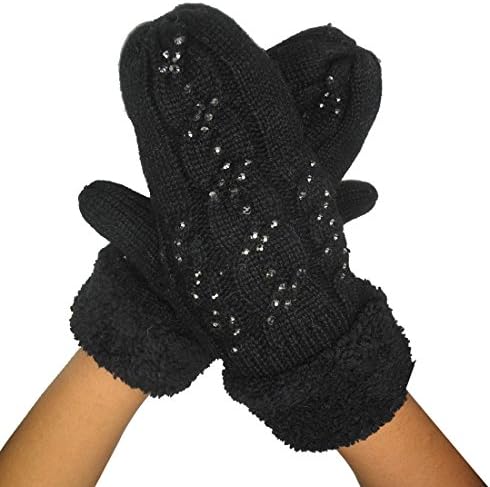 1 Set Of Womens Warm Winter Thermal Knitted Stretchy Mitten Gloves with Rhinestones one size Grey