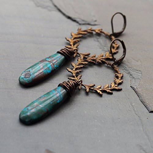 Long Brass Statement Earrings with Blue, Green, Brown Stones