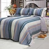 [Adonis] 100% Cotton 3PC Vermicelli-Quilted Striped Patchwork Quilt Set (King Size)