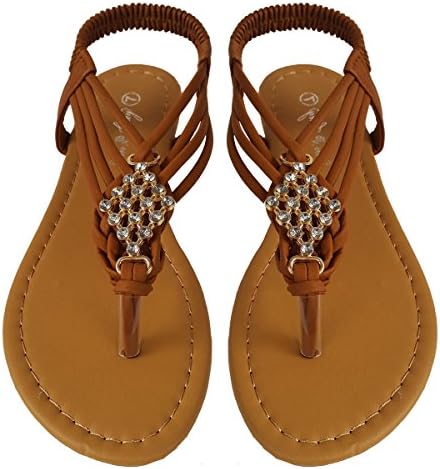 Elegant Women's Fashion Camel Color Gladiator Thong Flat Cute Sandals With Rhinestones Camel 8 , M US