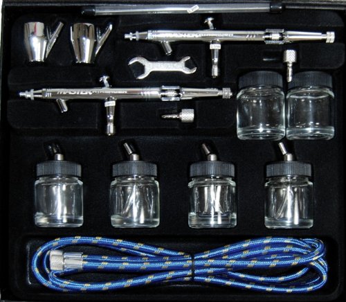 Master S622-L Professional Twin Pack Studio Airbrush Set - 2 Model S62 Airbrushes with 6' Hose, 6 Bottles and 2 Color Cups