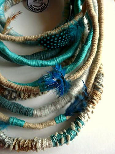 Unique/ Yarn wrapped necklace/ African Style/ Tribal/ Feathers/ Woman/ Street Style/ Blue