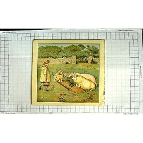 Colour Print Farmer Feeding Pigs Trough Countryside