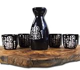 Sake set ONE GO black with white calligraphy poem 4 cups