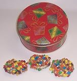 Scott's Cakes 1 lb. White Chocolate Covered Pretzel with M & M's & Peanut Butter Chips in a Christmas Present Tin
