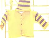 Knitted on Hand Knitting Machine Finished By Hand Crochet Yellow Cotton with Navy Stripe Infant Boys Cardigan, Hat Set Sleeves and Hat Are with Four Stripes.