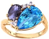 14K Yellow or White Gold Joint Pear and Oval Gemstone Ring with Diamonds-Multi Swiss Blue Topaz-Iolite-full, half sizes from 5-8.5