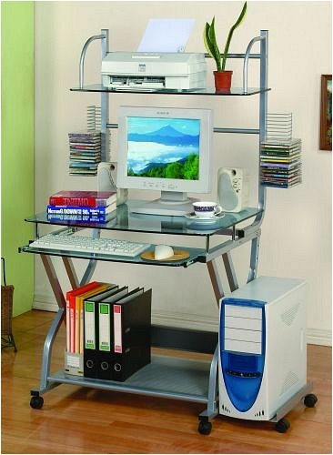 NEW GLASS COMPUTER DESK ON WHEELS AND TOWER SLOT