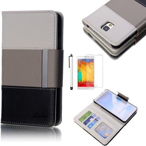 PHONEACC Colorful Wallet Faux Leather Flip ID Credit Card Holder Pouch Card Case Folio Cover for Samsung Galaxy Note 3 Note III N9000 N9005 with Screen Protector Set &amp; Stylus Pen (White/Grey/Black)