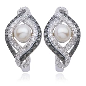 Sterling Silver Black and White Diamond and 6mm Pearl Post Earrings