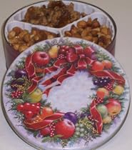 Scott's Cakes Glazed Nut Combo Macadamia Nut, Cashew, and Pecan in a Christmas Wreath Tin