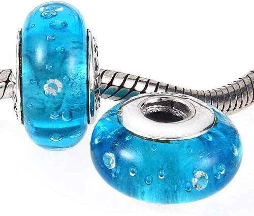 Hoobeads Sterling Silver Murano Glass Charm Bead with Cz Stone Solid Sterling Silver Threaded Core Stamped 925 Fits Pandora Chamilia Biagi Troll Beads Europen Style Bracelets (Blue)