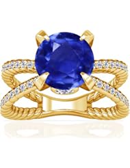 18K Yellow Gold Round Cut Blue Sapphire Fana Designer Ring (GIA Certificate)