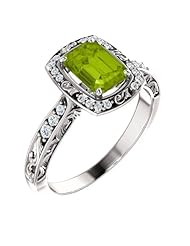 Platinum 7.00x5.00mm Emerald Cut Peridot and Diamond Ring -- LIFETIME WARRANTY