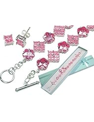 Lavish 45cttw Sterling Silver Lily Cut Princess Pink Ice CZ 8" Bracelet and Stud Earrings Gift Boxed Set - Valentines Day Special