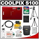 Nikon Coolpix S100 Digital Camera (Red) with 16GB Card + Battery + Tripod + ....