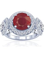 14K White Gold Round Cut Ruby Ring With Sidestones