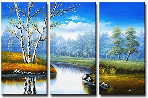 Sangu Gift 100% Hand Painted Hot Sale Oil Paintings Rivers Forest Natural Landscape Wood Framed 3-piece Wall Art for Home Decoration(14x28Inchx3)