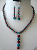 Turquoise & Croal Beads Handcrafted Necklace Set 'Y' Dangling w/ Silver & Sterling 92.5 Earrings (BRAND NEW)
